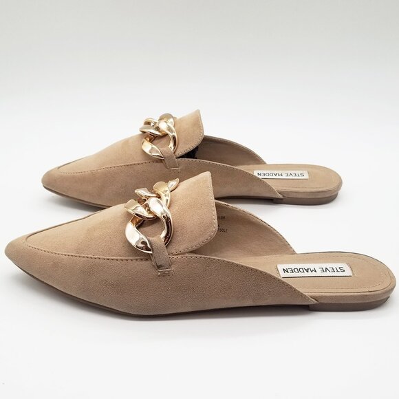 Steve Madden Finely Tan Beige Pointed Toe Gold Chunky Chain Slip On Mules  9.5 - Picture 4 of 15